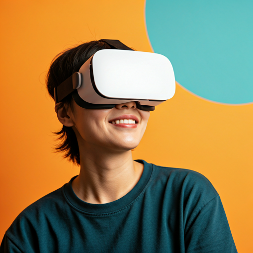 Person wearing VR headset in a colorful room